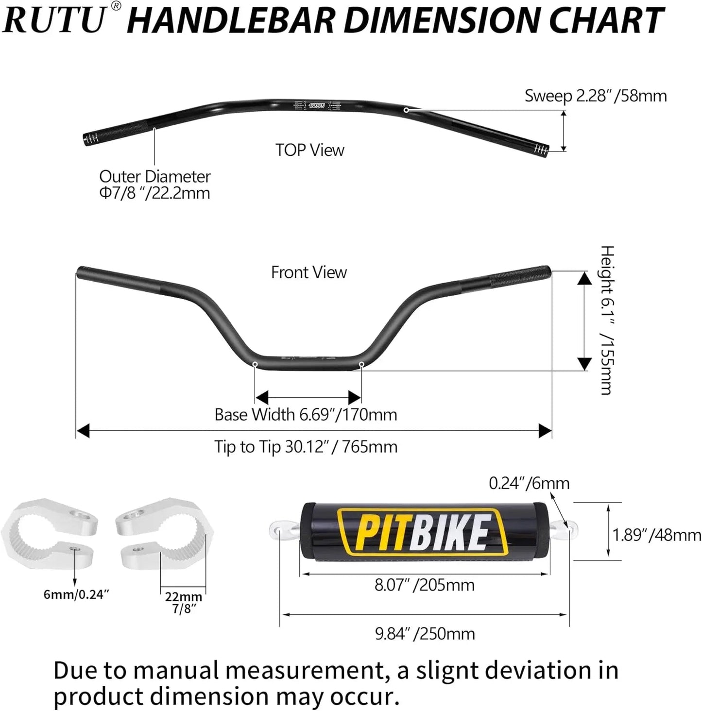 Voltrix Racing 7/8" Mid-Rise Motorcycle Handlebars with Crossbar Pad – Universal Dirt Bike, Pit Bike & Mini Bike Handlebar Kit